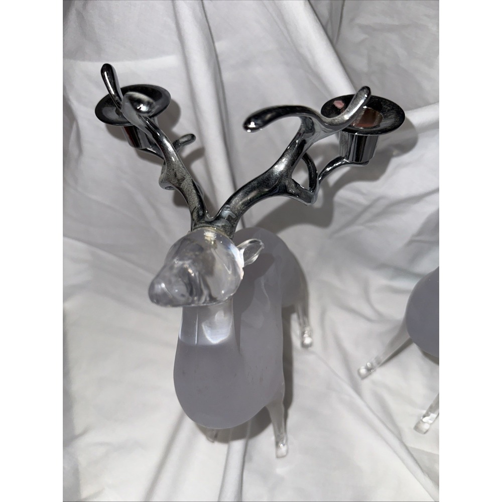 Frosted Acrylic Reindeer Candle Holder w/ Chrome Antlers Holiday Decor (2) - Picture 2 of 7